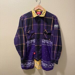 Women’s XL Rcnstrct Studio Upcycled Purple & Yellow Bandana Long Sleeve Flannel